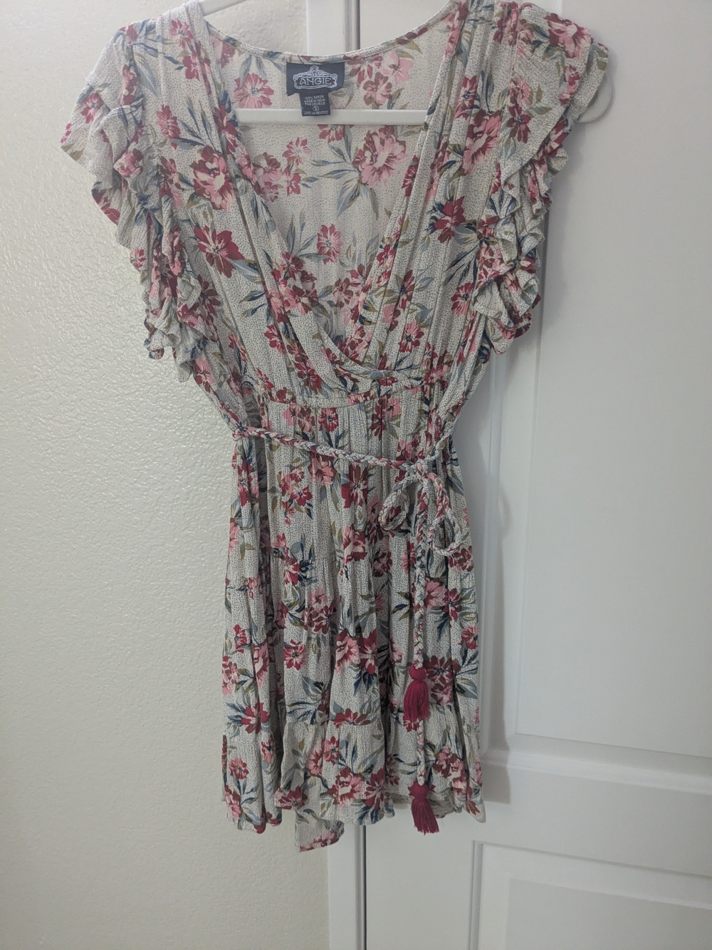 Angie Floral Ruffle Sleeve Surplice Dress in Grey & Rose
